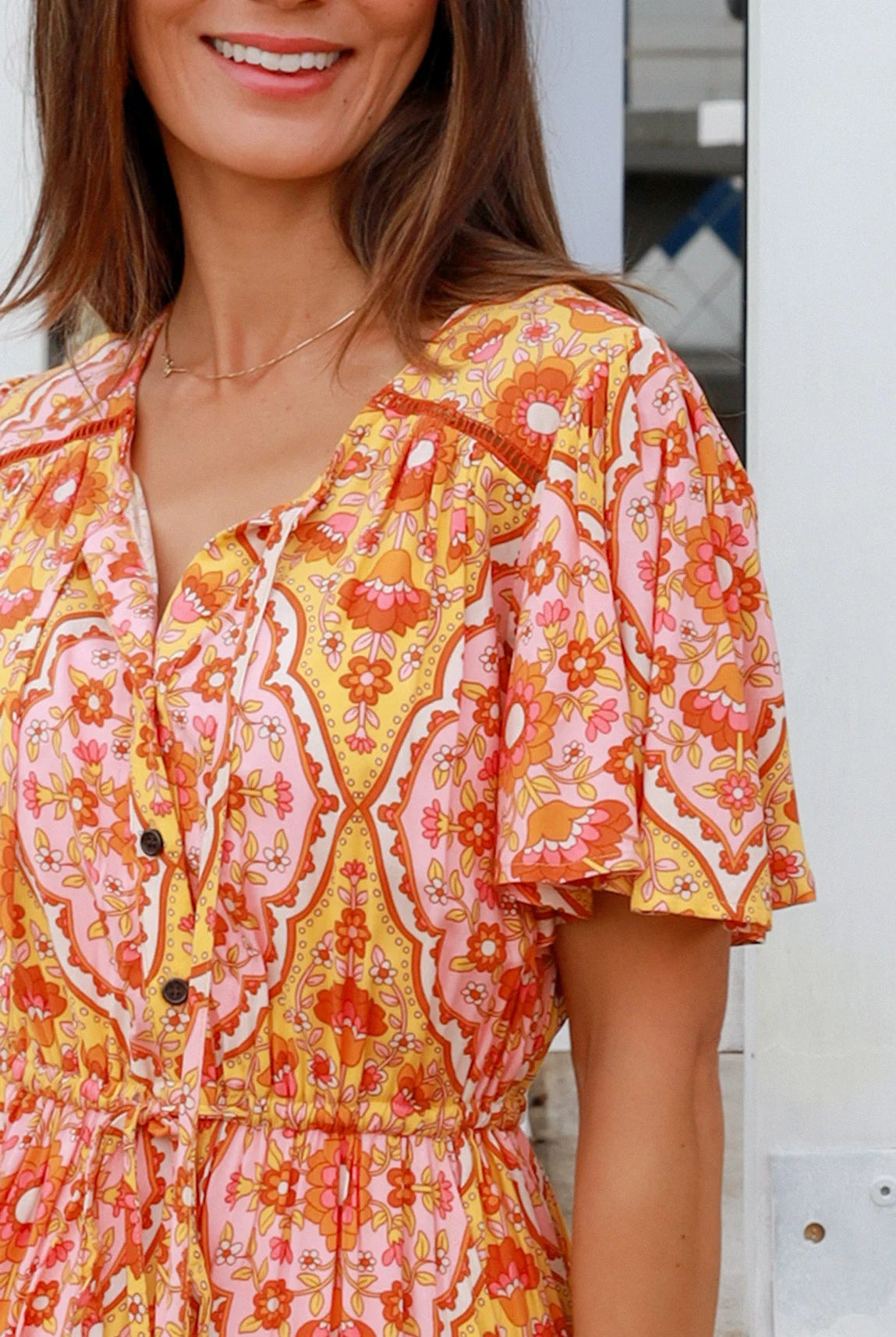 Sunset Mosaic boho midi dress in vintage 70's mosaic print with tassel necktie, lace insert and frill hemline - Designed in Australia.