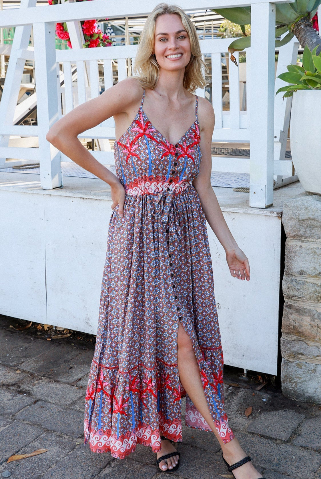 Islay Dream Maxi boho dress with geometric palm print and button-down bodice
