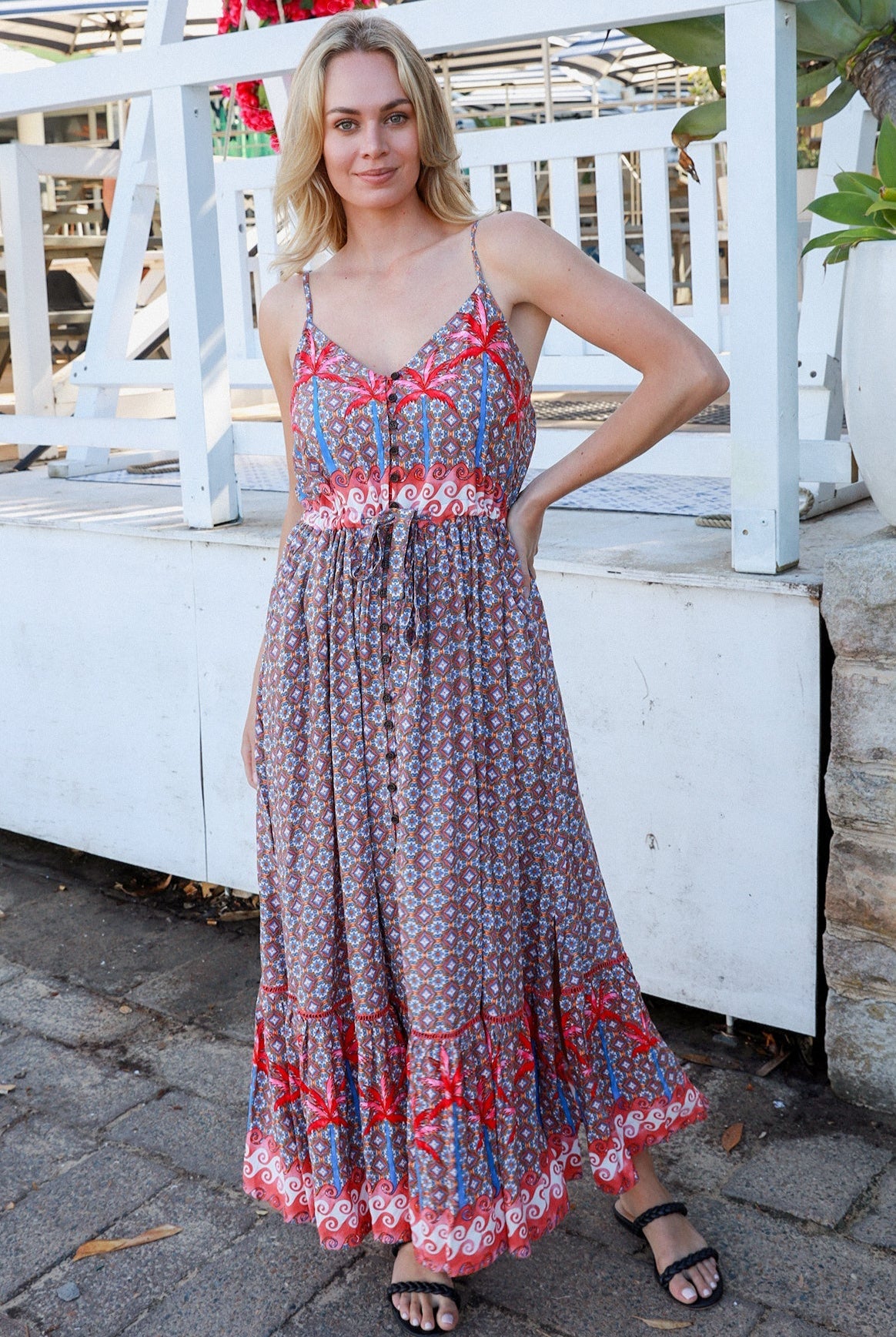 Islay Dream Maxi boho dress with geometric palm print and button-down bodice