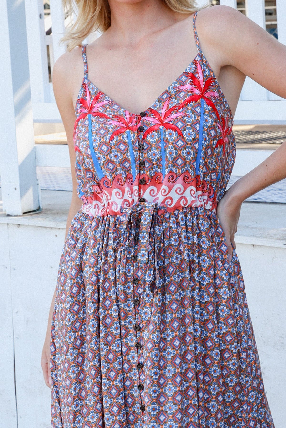 Islay Dream Maxi boho dress with geometric palm print and button-down bodice