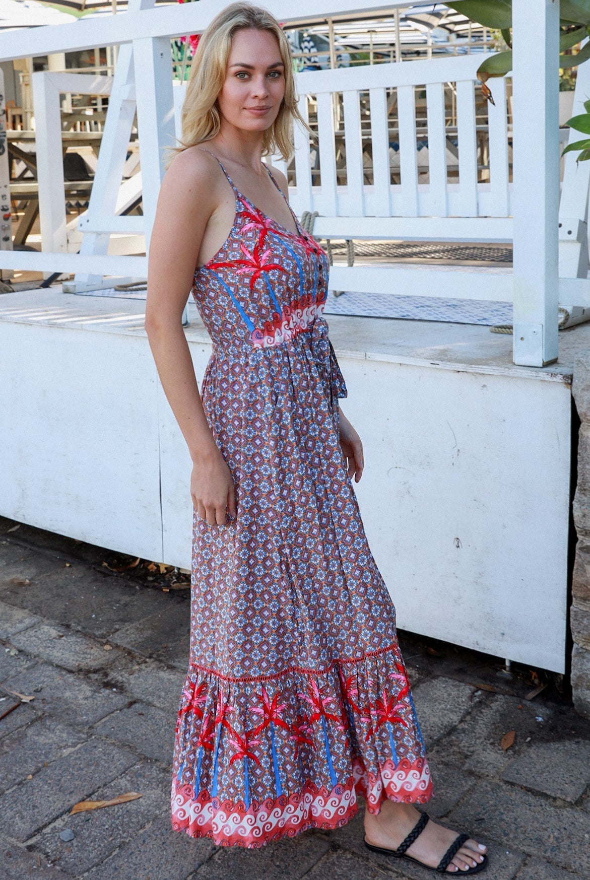 Islay Dream Maxi boho dress with geometric palm print and button-down bodice
