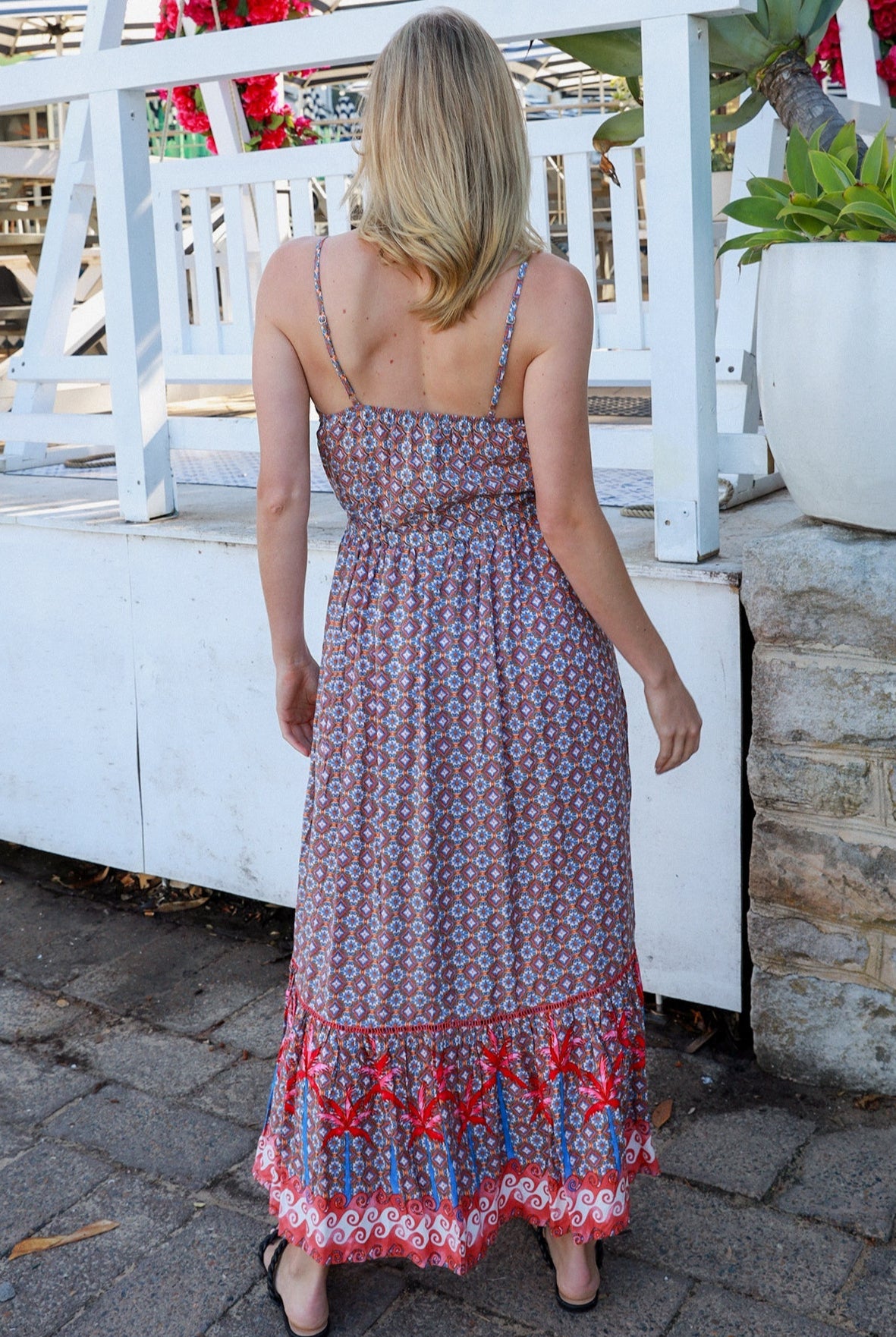 Islay Dream Maxi boho dress with geometric palm print and button-down bodice
