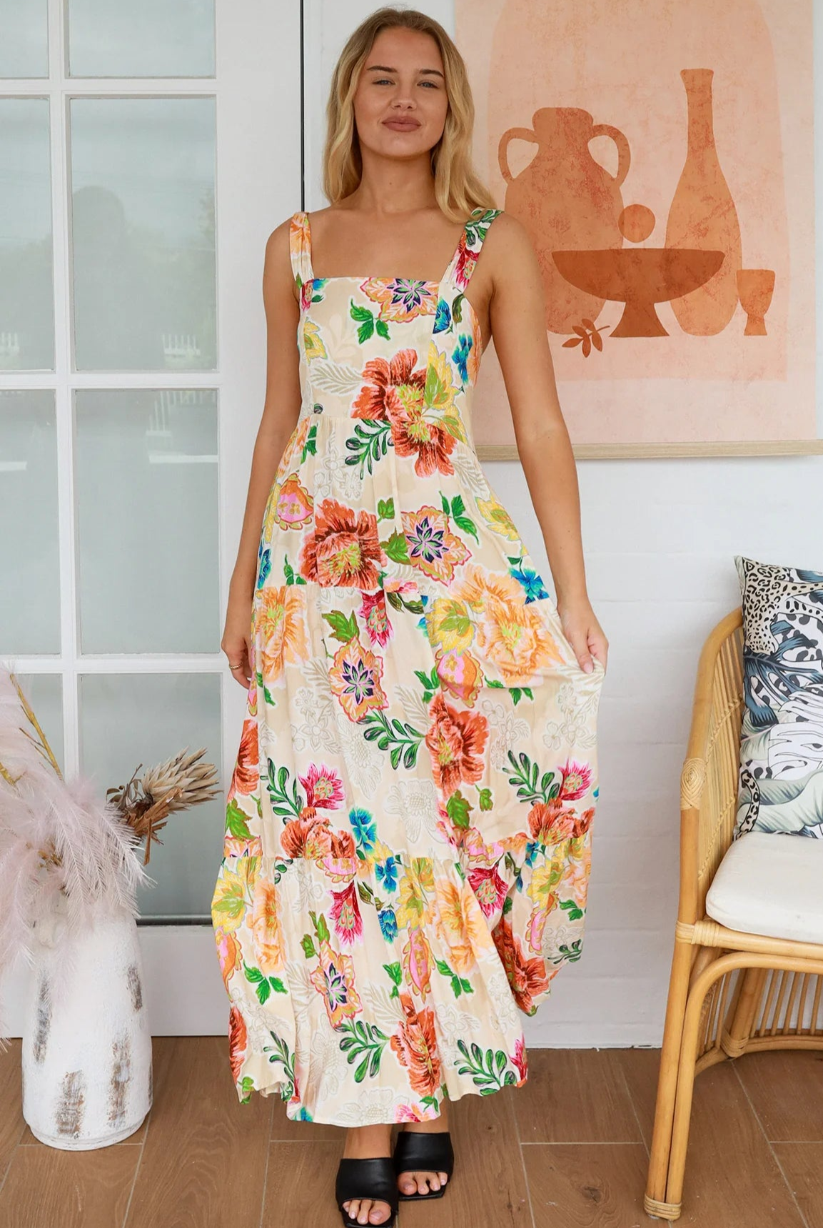 Garden Wonders Maxi Dress in rayon with floral print, square neckline, shirred back panel and the bow - boho maxi at bohemian Love Runway