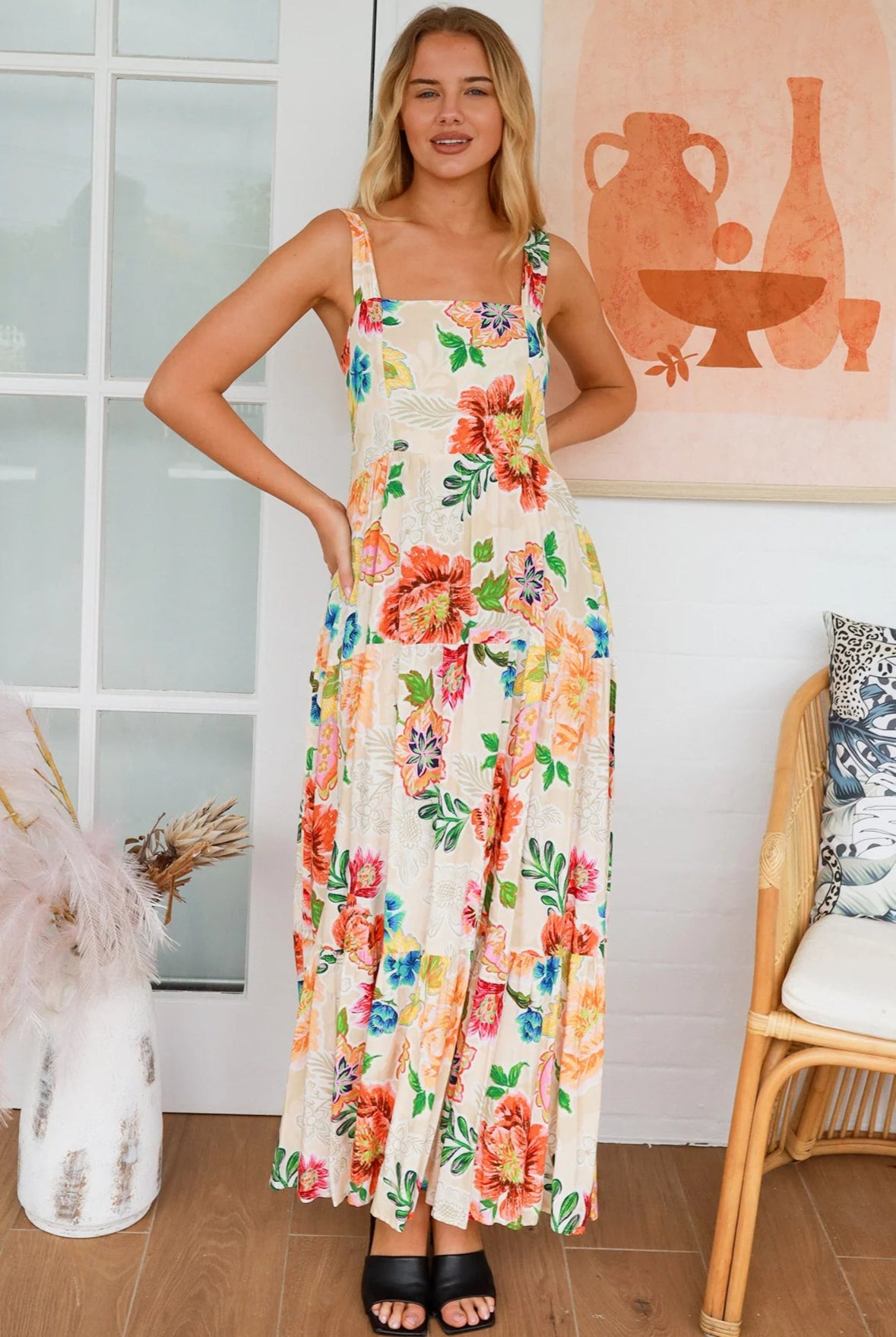 Garden Wonders Maxi Dress in rayon with floral print, square neckline, shirred back panel and the bow - boho maxi at bohemian Love Runway