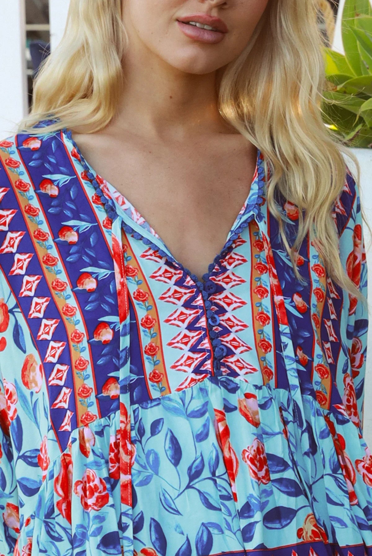 Boho woman wearing Clarice Rose Top with button front and elastic sleeves - Australian boho fashion - Bohemian Love Runway