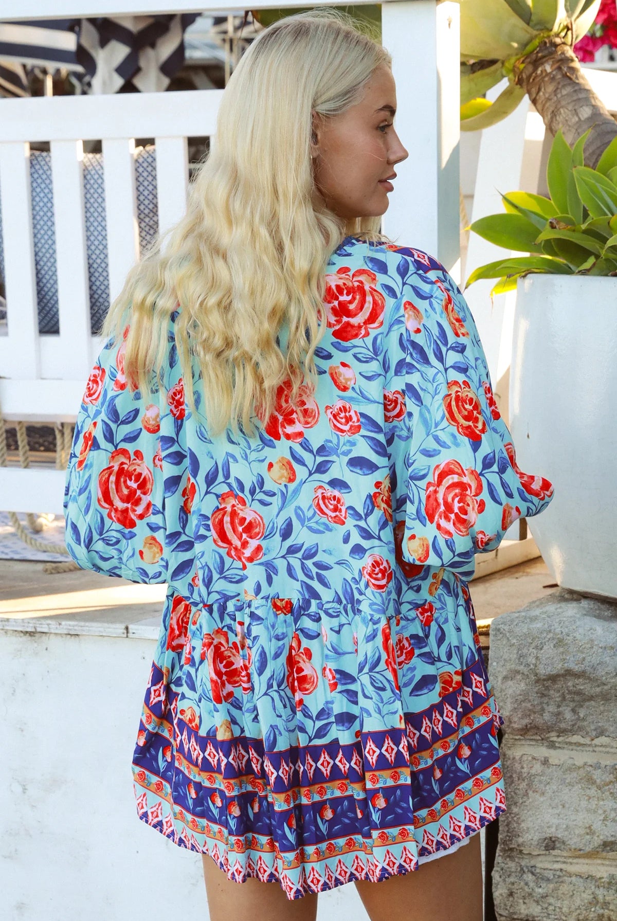 Boho woman wearing Clarice Rose Top with button front and elastic sleeves - Australian boho fashion - Bohemian Love Runway