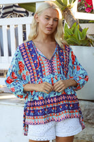 Boho woman wearing Clarice Rose Top with button front and elastic sleeves - Australian boho fashion - Bohemian Love Runway