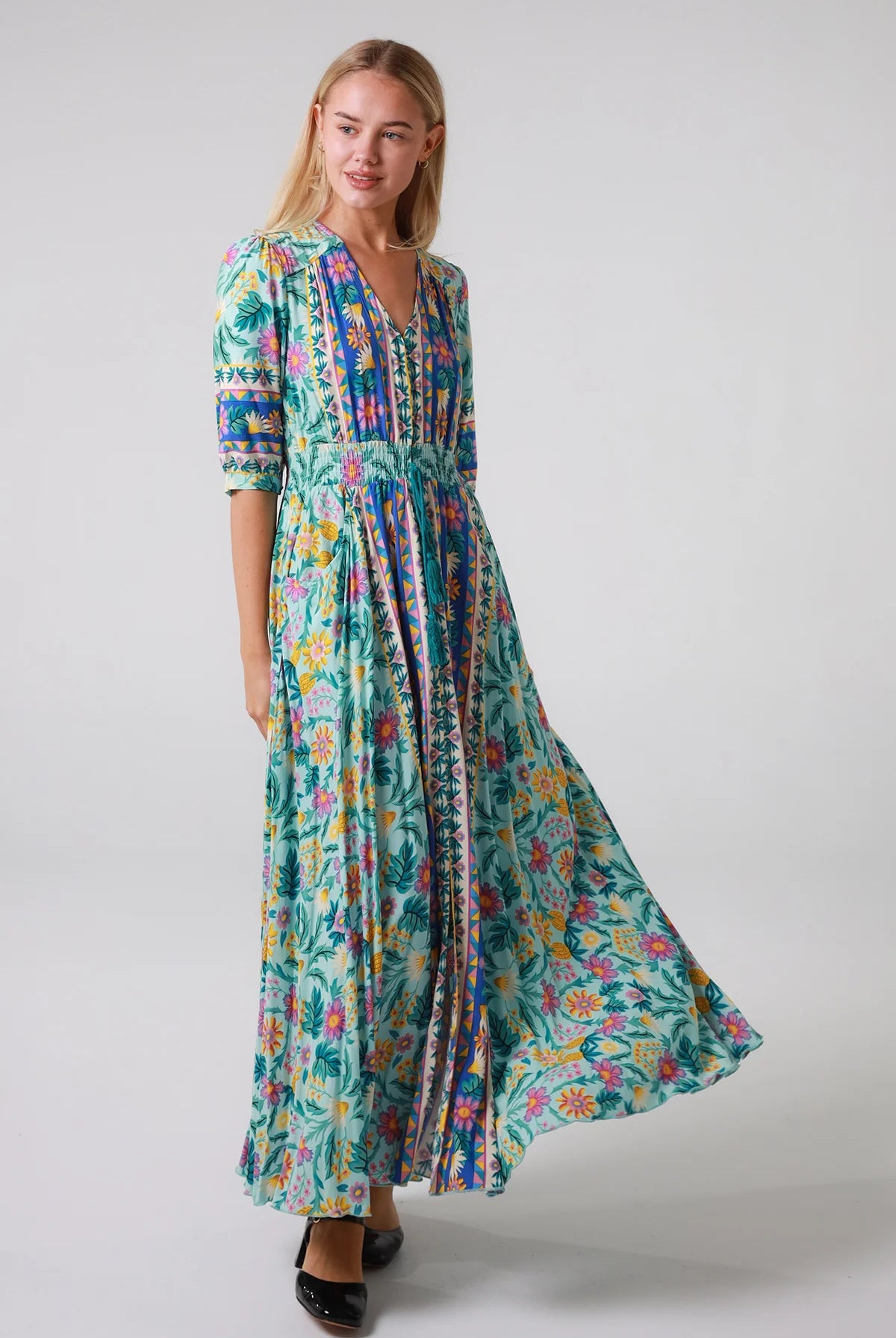 Violetta Maxi Dress in mint aqua with magenta florals border print button-through waist tie half sleeves - boho maxi dress Australia