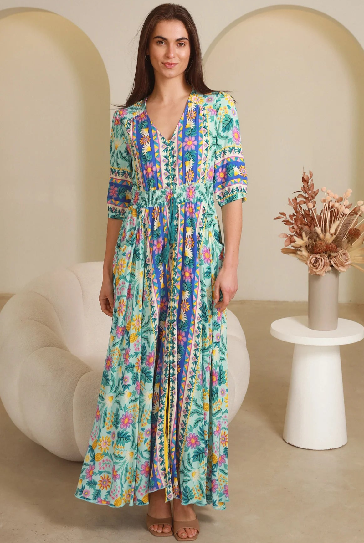 Violetta Maxi Dress in mint aqua with magenta florals border print button-through waist tie half sleeves - boho maxi dress Australia