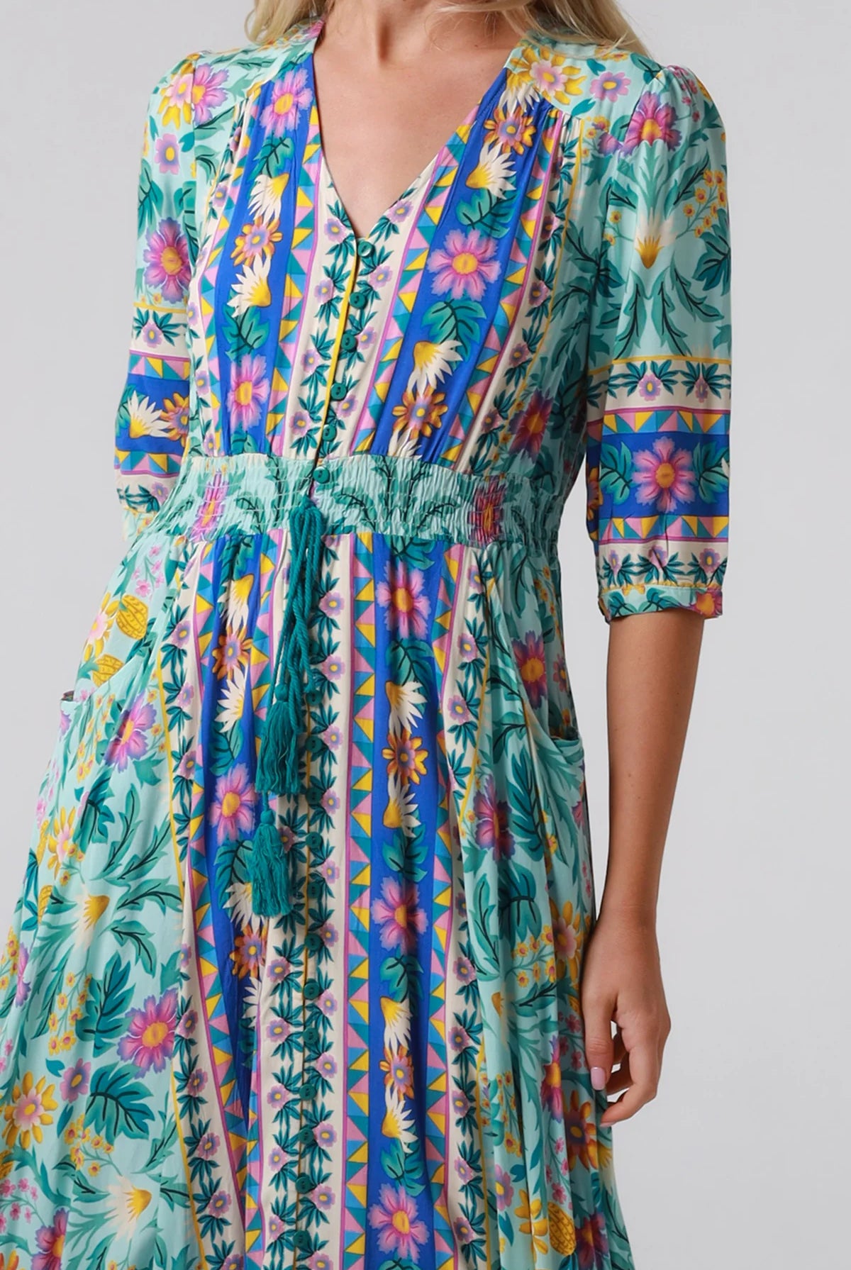 Violetta Maxi Dress in mint aqua with magenta florals border print button-through waist tie half sleeves - boho maxi dress Australia
