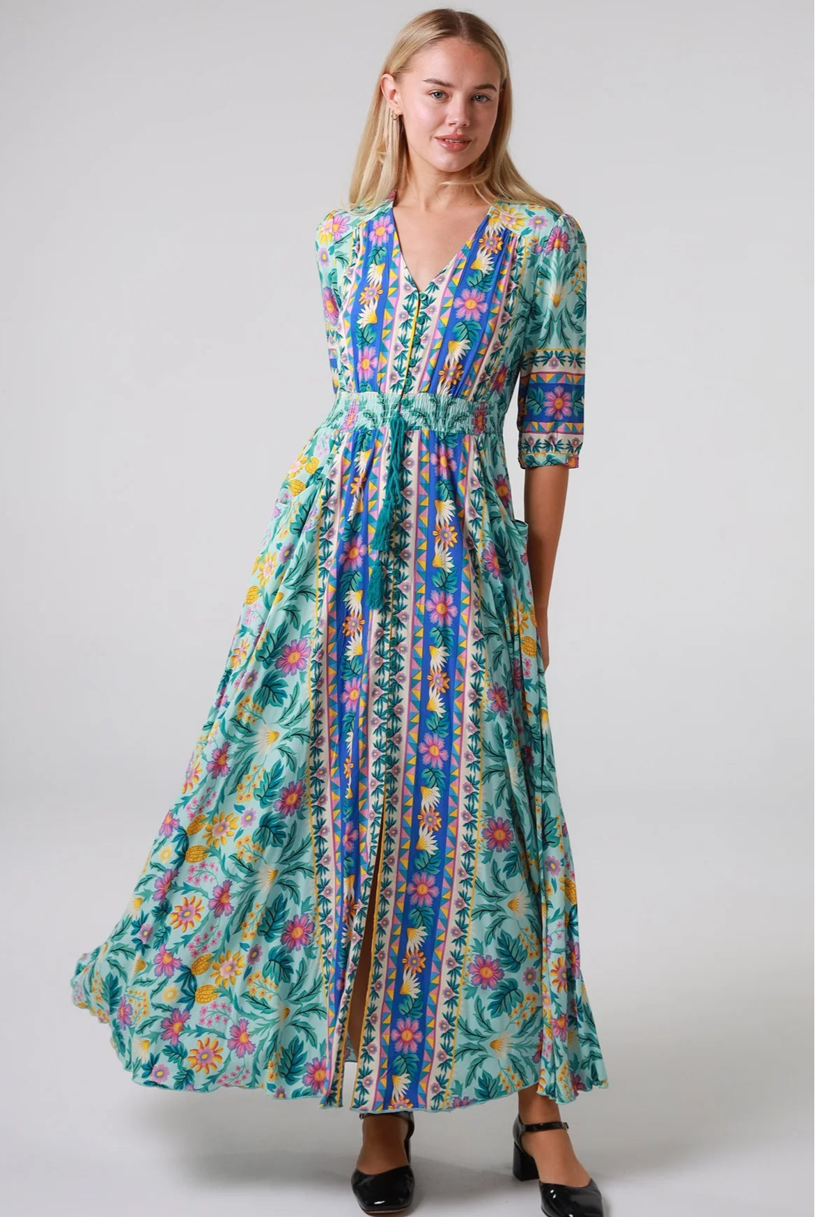 Violetta Maxi Dress in mint aqua with magenta florals border print button-through waist tie half sleeves - boho maxi dress Australia