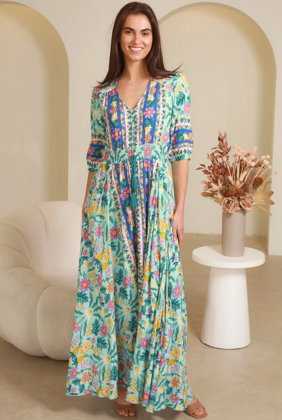 Violetta Maxi Dress in mint aqua with magenta florals border print button-through waist tie half sleeves - boho maxi dress Australia
