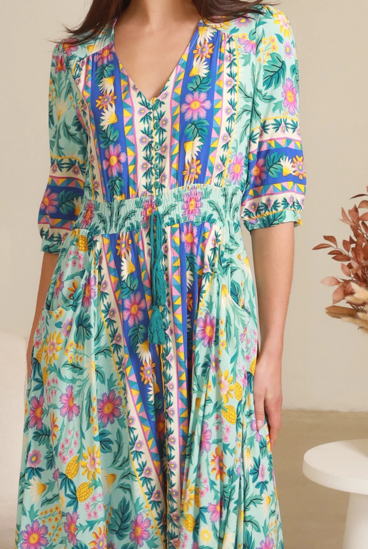 Violetta Maxi Dress in mint aqua with magenta florals border print button-through waist tie half sleeves - boho maxi dress Australia