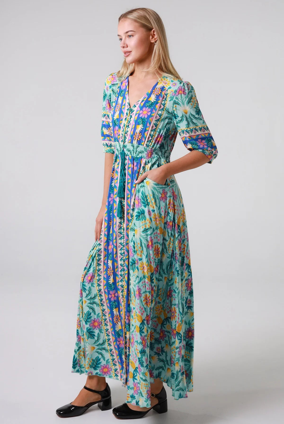 Violetta Maxi Dress in mint aqua with magenta florals border print button-through waist tie half sleeves - boho maxi dress Australia