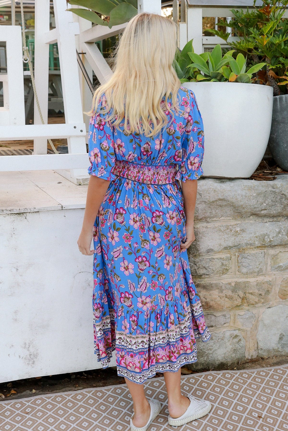 Indigo Periwinkle boho midi dress in rayon with pink and lilac florals and border-print frill hemline - Bluebell Riviera