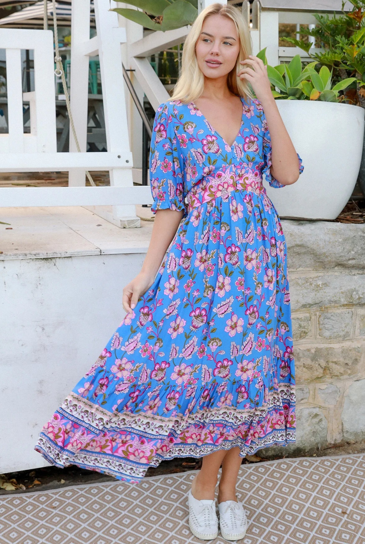 Indigo Periwinkle boho midi dress in rayon with pink and lilac florals and border-print frill hemline - Bluebell Riviera