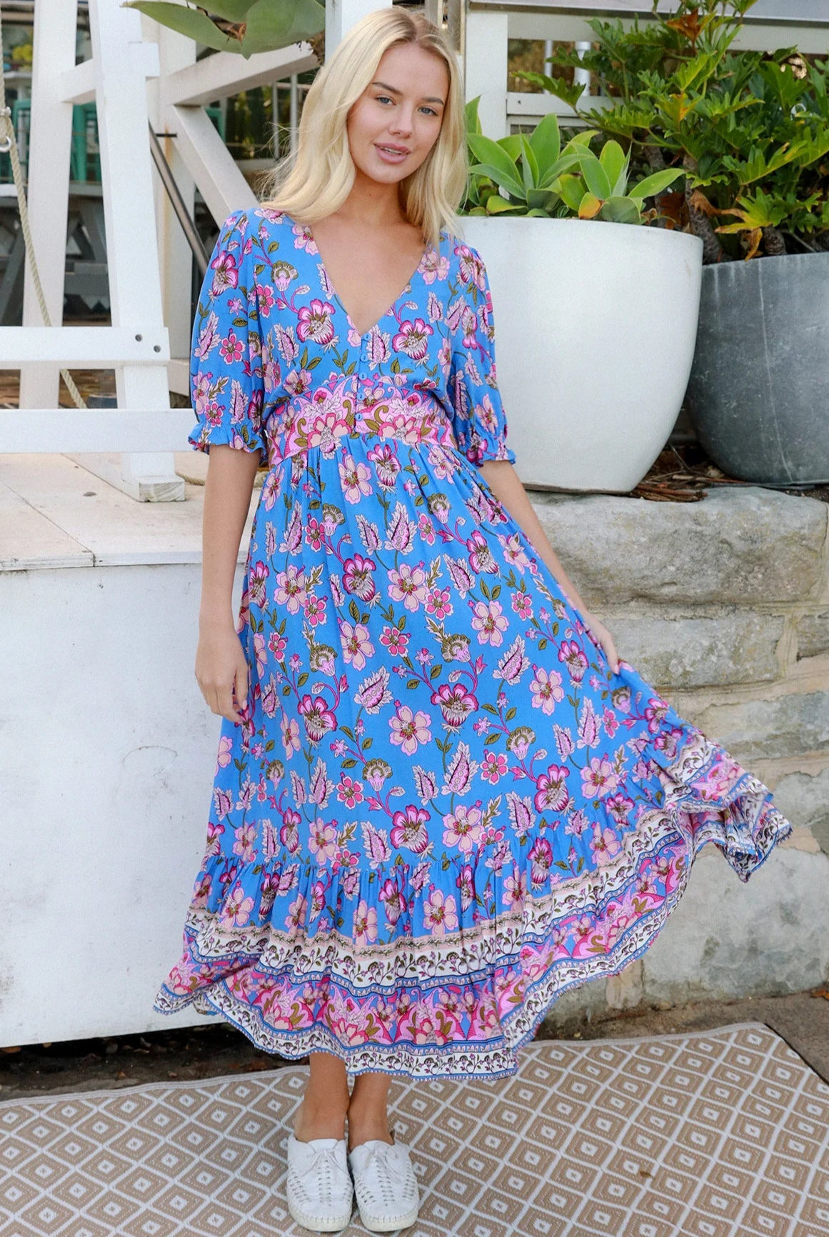Indigo Periwinkle boho midi dress in rayon with pink and lilac florals and border-print frill hemline - Bluebell Riviera
