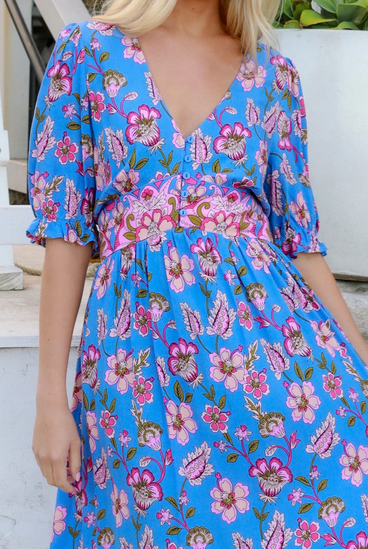 Indigo Periwinkle boho midi dress in rayon with pink and lilac florals and border-print frill hemline - Bluebell Riviera