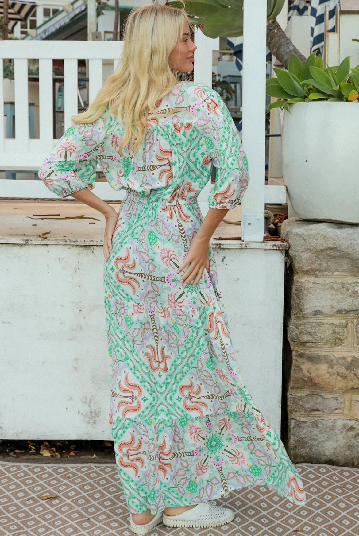 Fiorella green rayon boho maxi dress with button-through front, tie waist and half sleeves - Australian bohemian fashion.