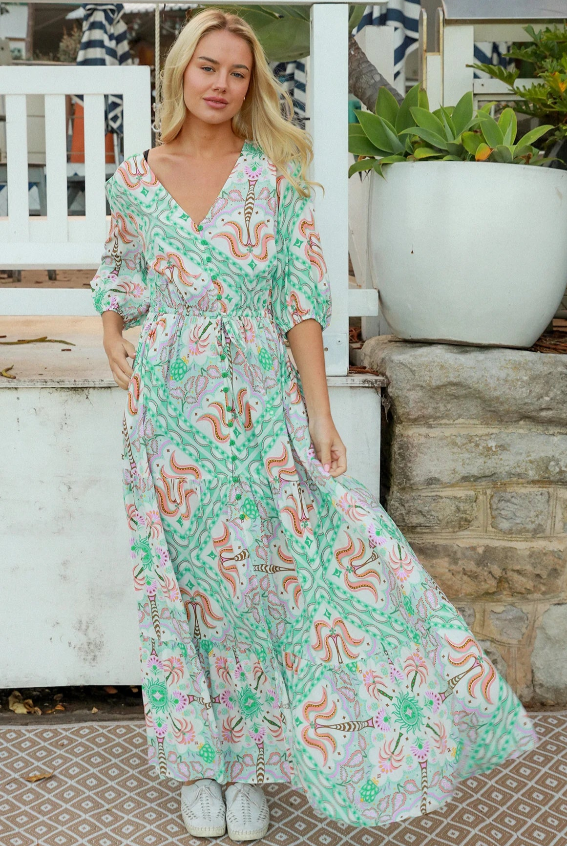 Fiorella green rayon boho maxi dress with button-through front, tie waist and half sleeves - Australian bohemian fashion.