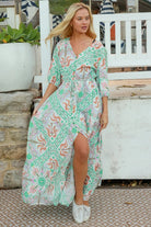 Fiorella green rayon boho maxi dress with button-through front, tie waist and half sleeves - Australian bohemian fashion.