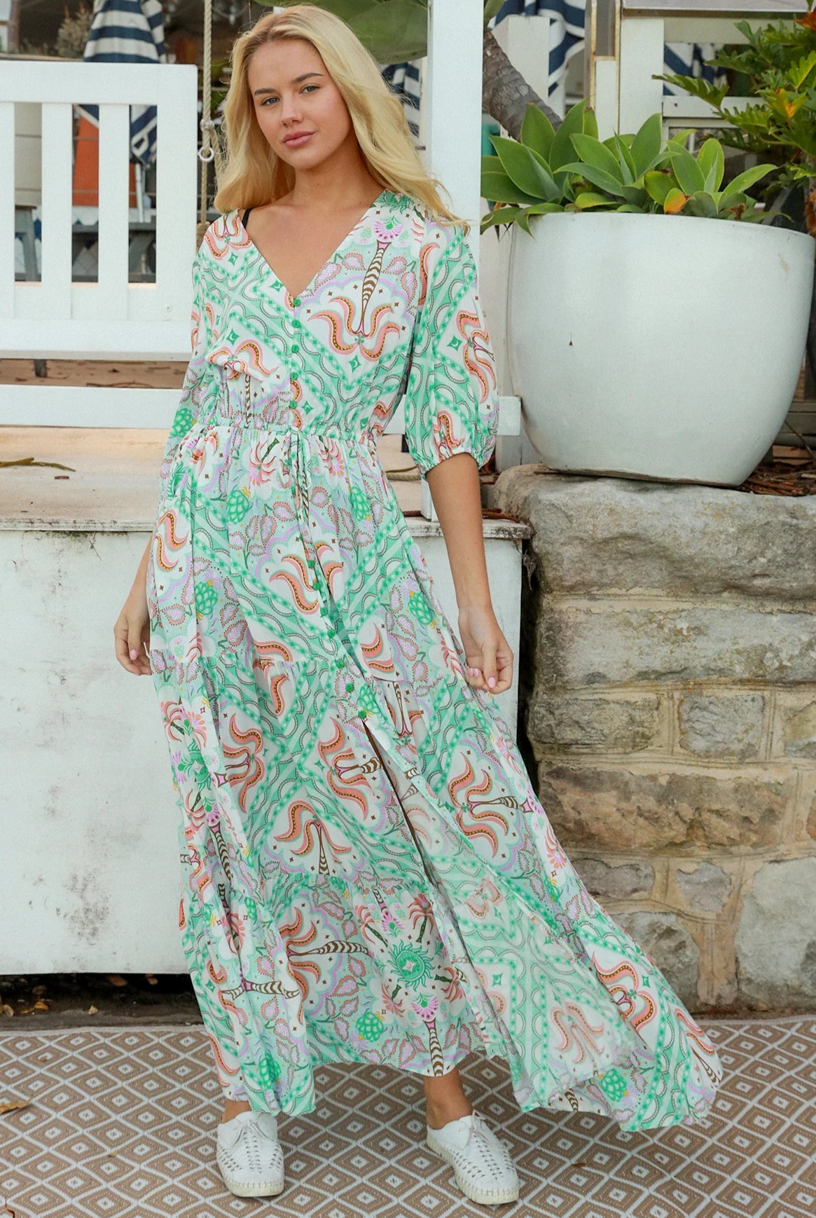 Fiorella green rayon boho maxi dress with button-through front, tie waist and half sleeves - Australian bohemian fashion.