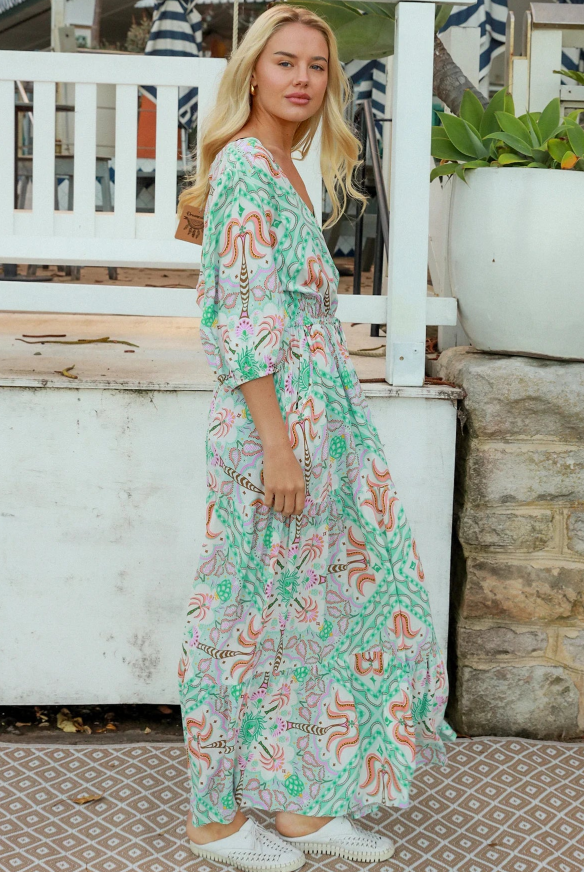 Fiorella green rayon boho maxi dress with button-through front, tie waist and half sleeves - Australian bohemian fashion.