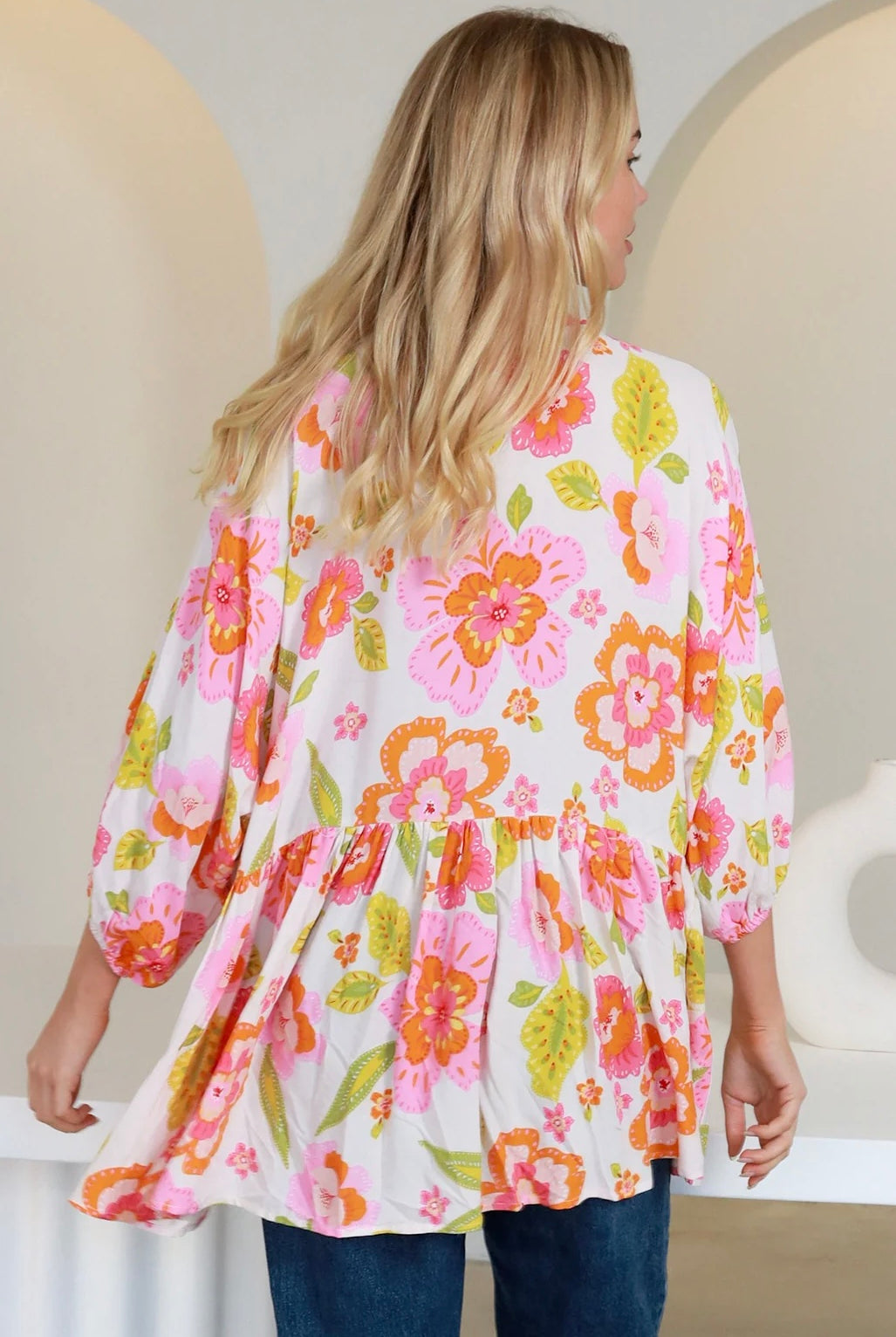 White floral rayon peplum boho blouse with v-neck beaded ties and soft elastic sleeve - The Isla Grace Top