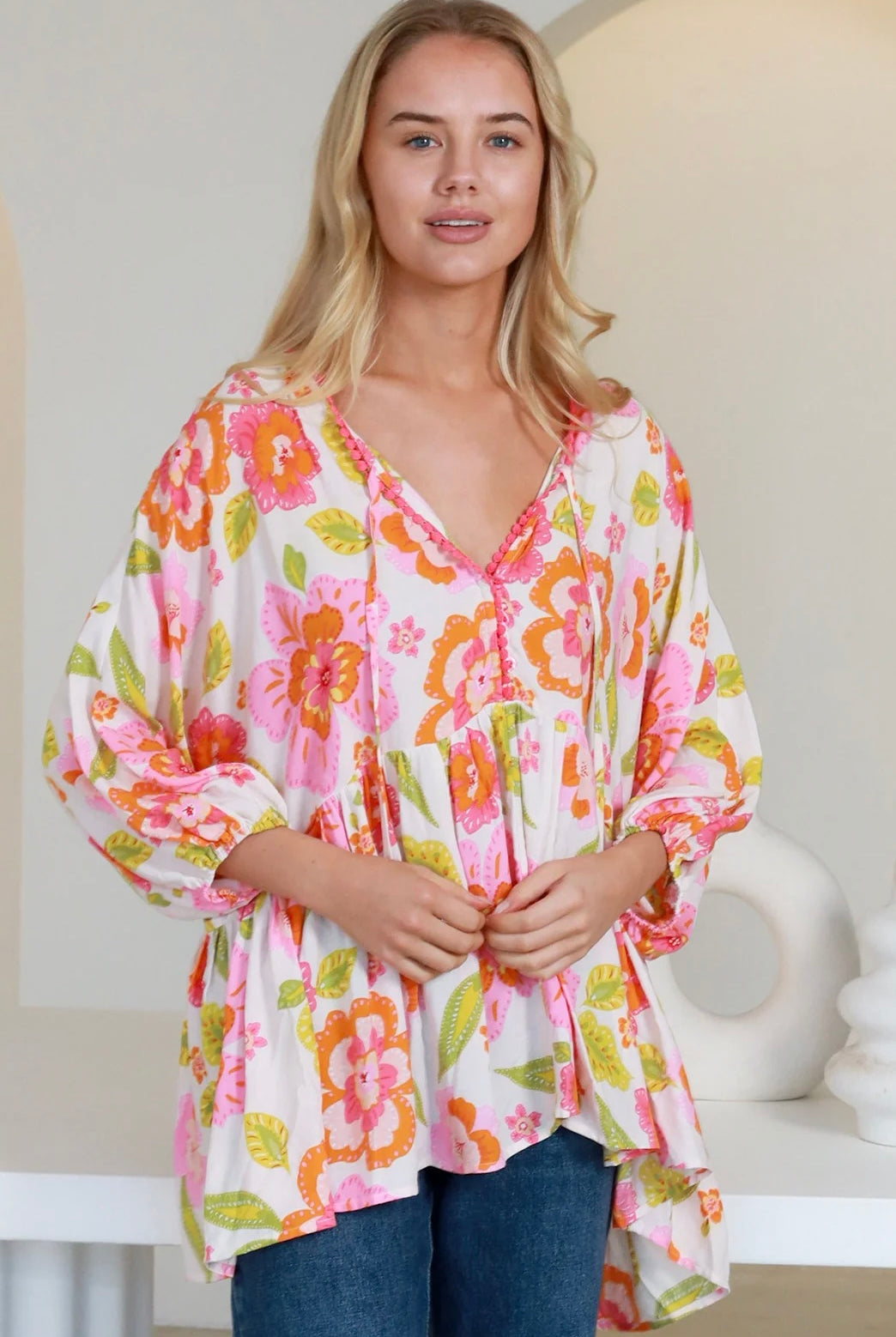 White floral rayon peplum boho blouse with v-neck beaded ties and soft elastic sleeve - The Isla Grace Top