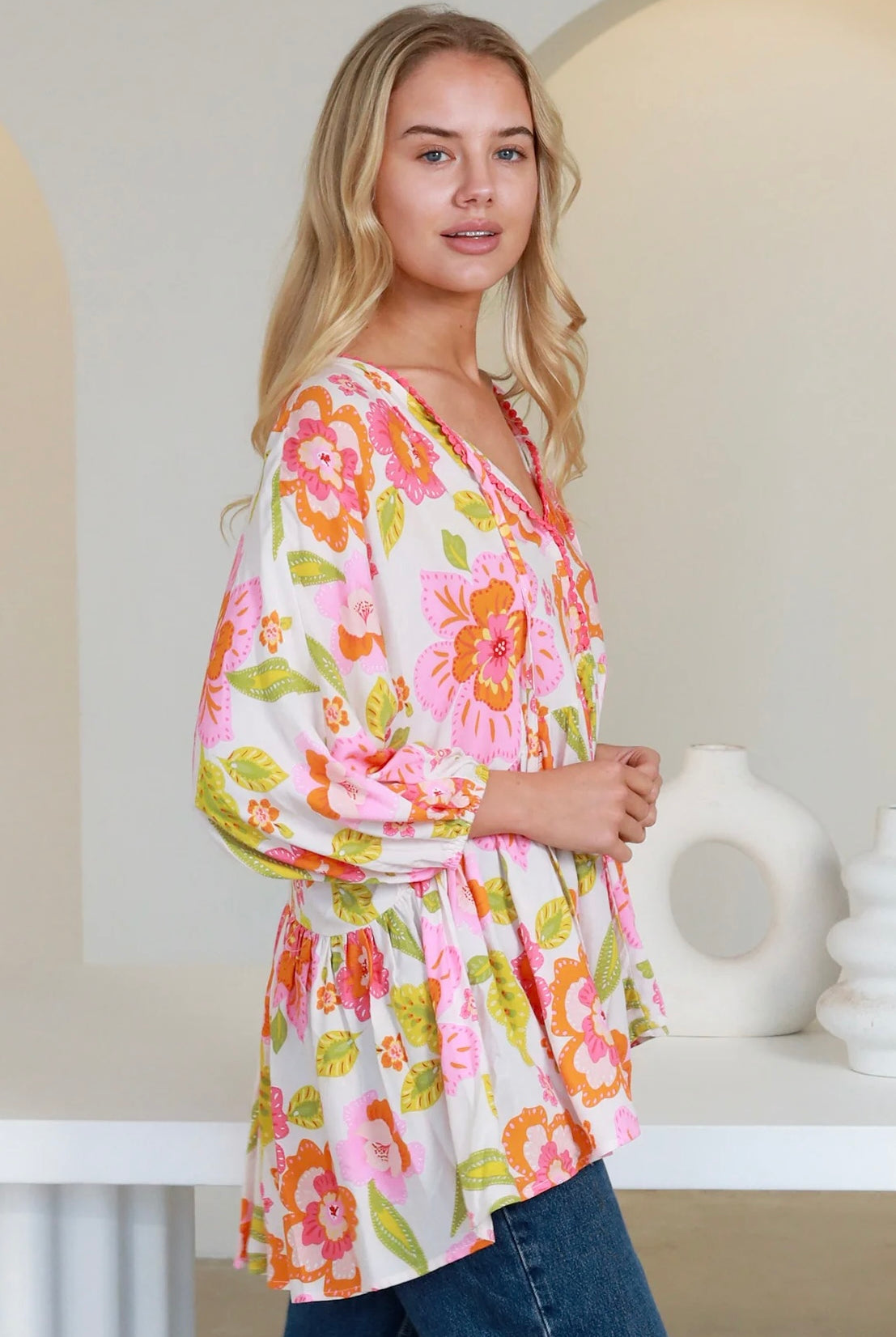 White floral rayon peplum boho blouse with v-neck beaded ties and soft elastic sleeve - The Isla Grace Top