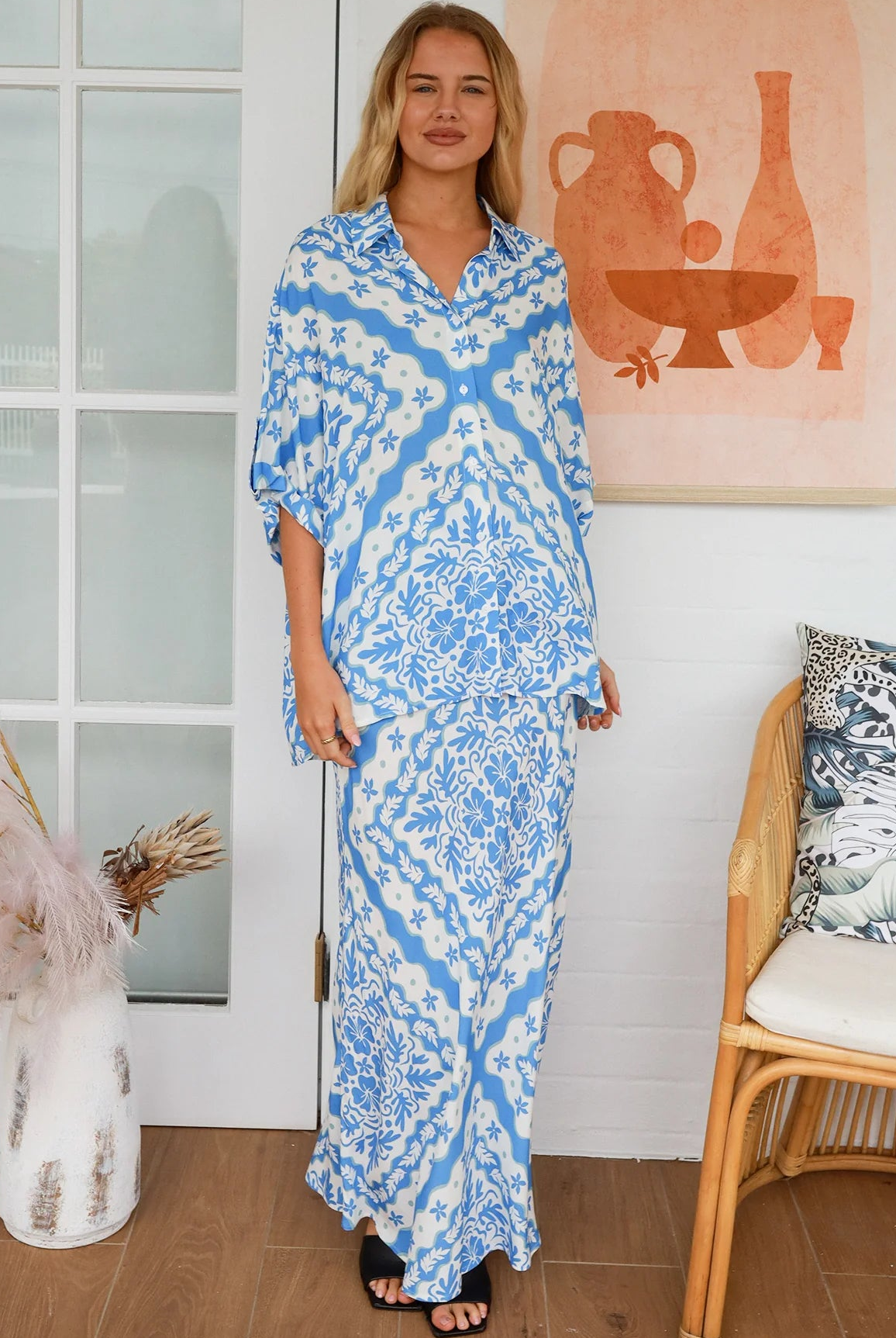 Dreamcatcher Emmy blue floral rayon maxi skirt with A-line shape flat front waist elastic back and ankle length hem