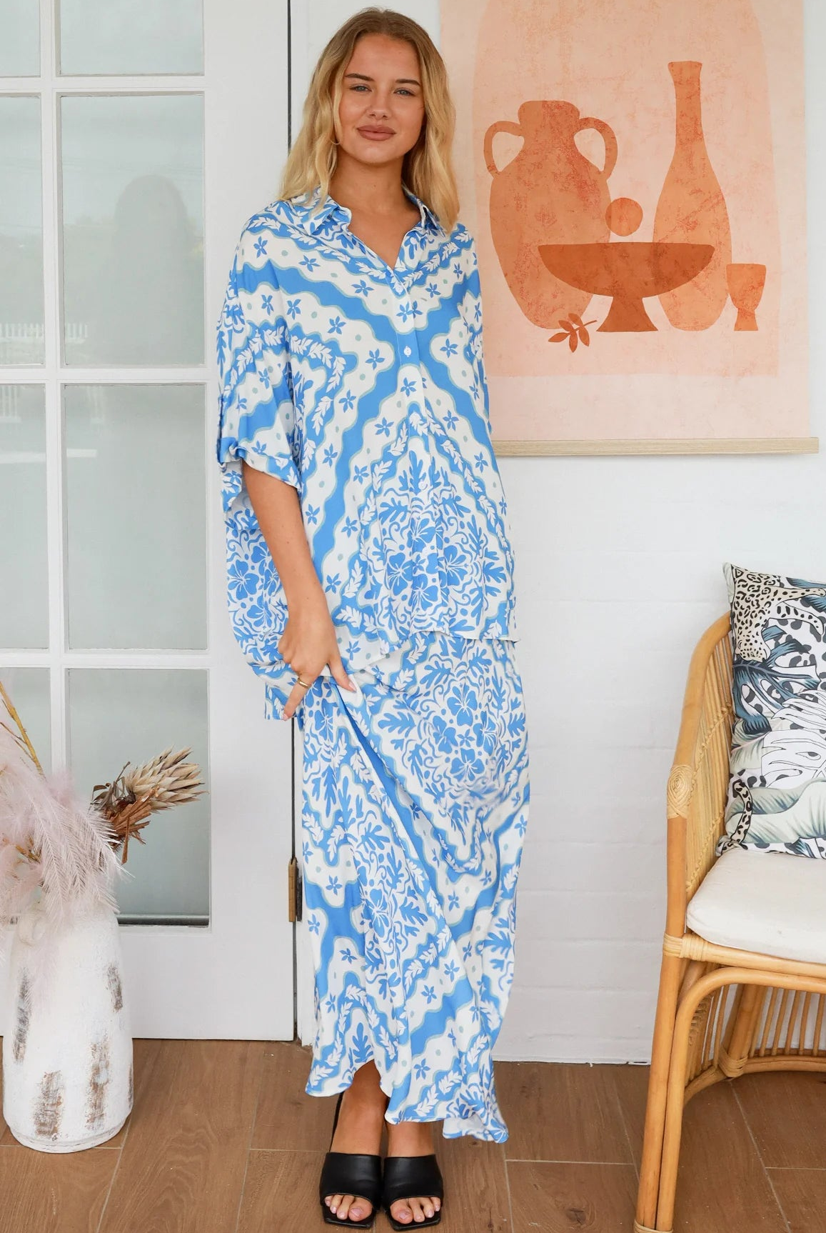 Dreamcatcher Emmy oversized blue floral rayon shirt with button front back yoke pleats and roll-tab sleeve detail