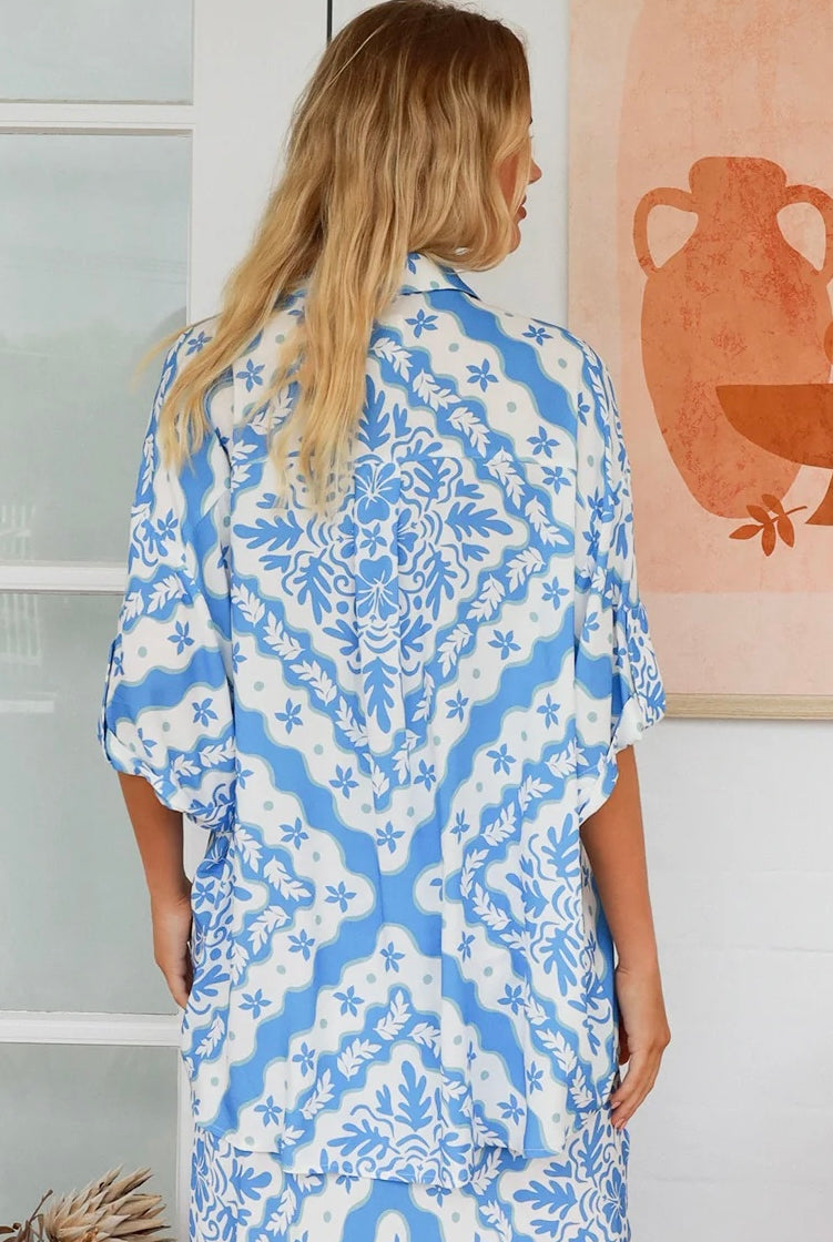 Dreamcatcher Emmy oversized blue floral rayon shirt with button front back yoke pleats and roll-tab sleeve detail