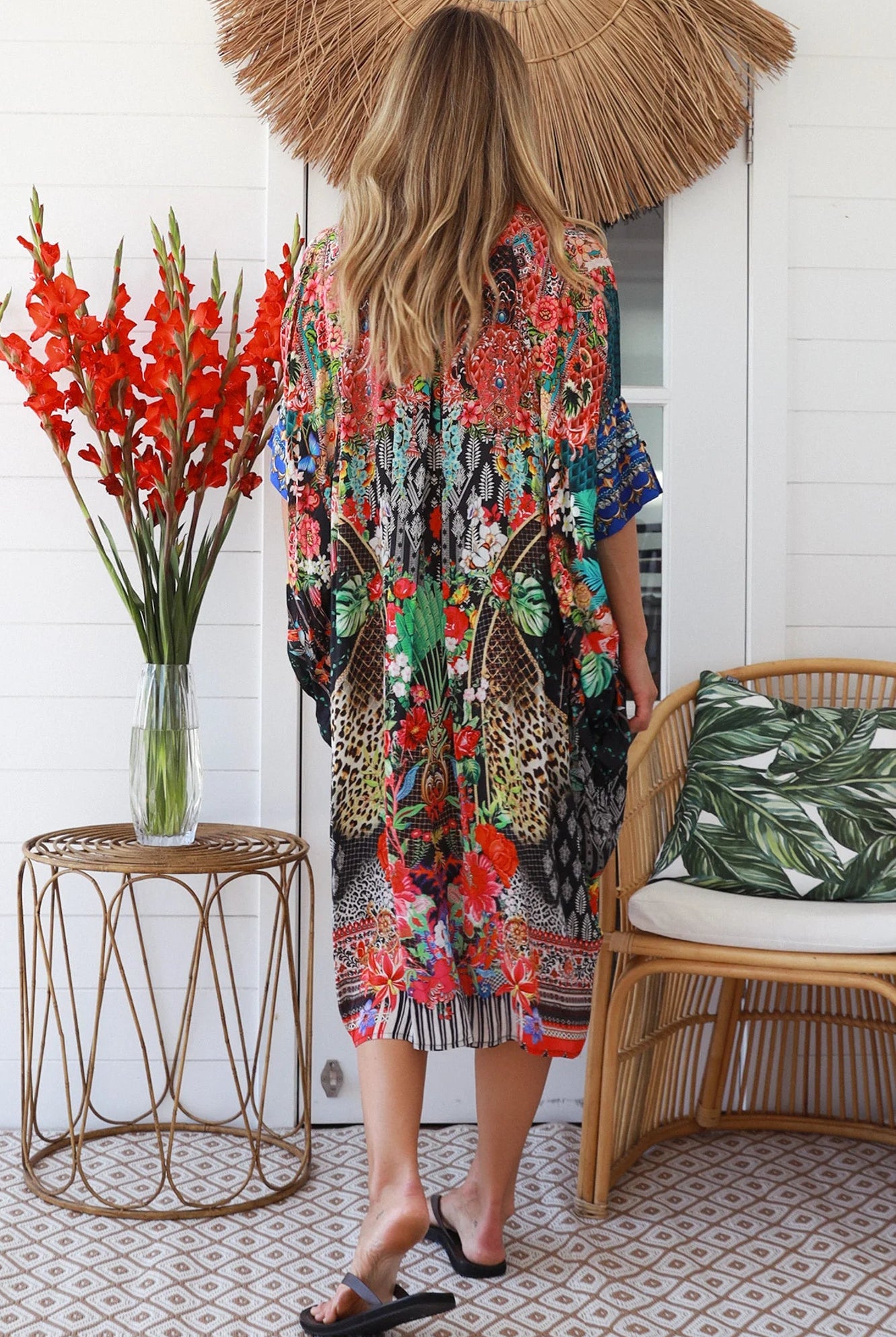 Cuba Bloom kaftan midi dress in coral and green print - viscose crepe blend on size 8-16 Australia
