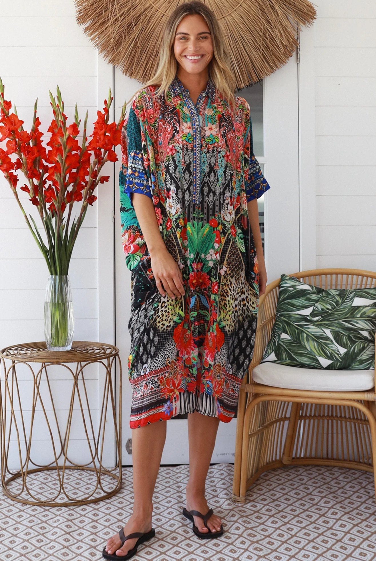 Cuba Bloom kaftan midi dress in coral and green print - viscose crepe blend on size 8-16 Australia