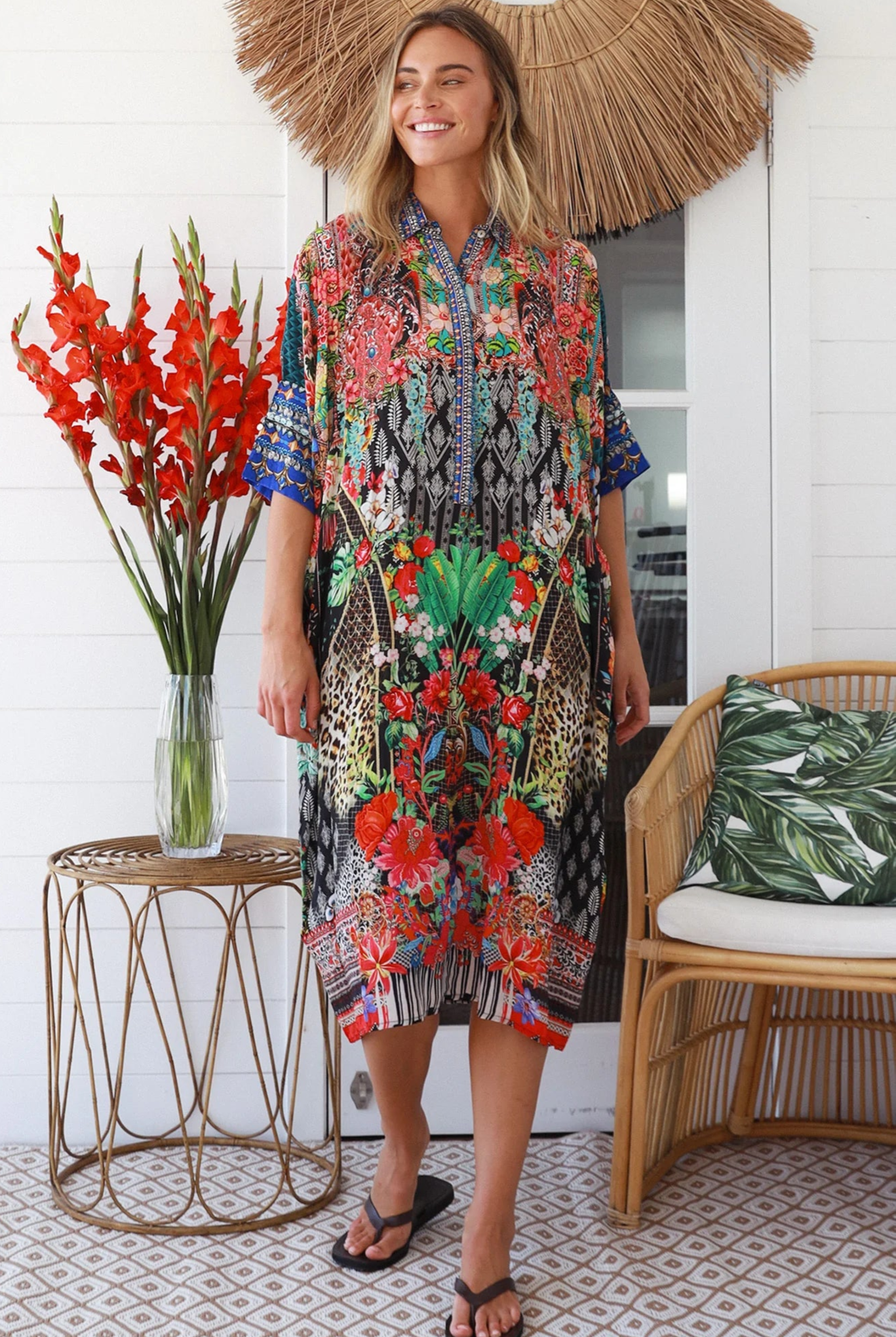 Cuba Bloom kaftan midi dress in coral and green print - viscose crepe blend on size 8-16 Australia