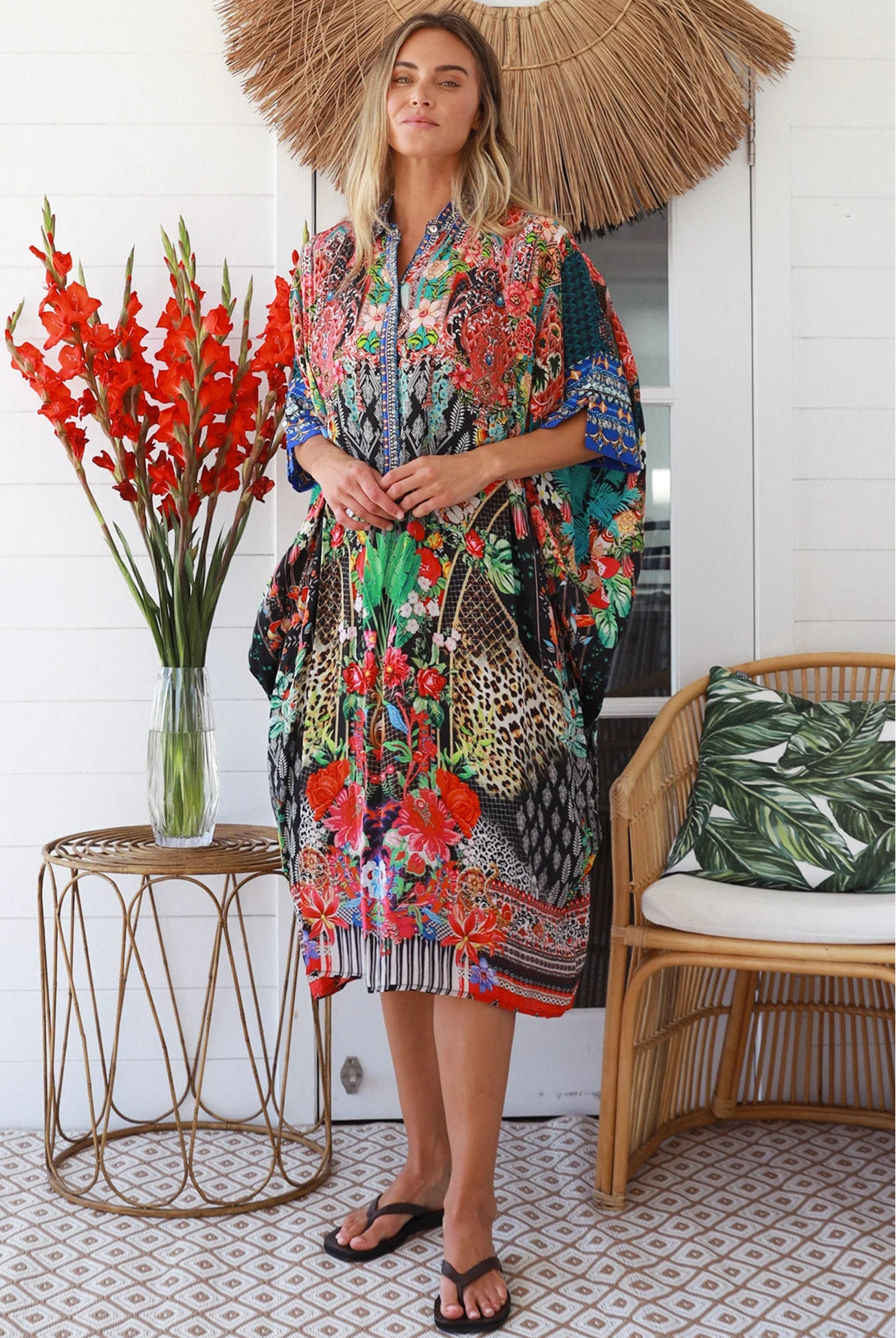 Cuba Bloom kaftan midi dress in coral and green print - viscose crepe blend on size 8-16 Australia