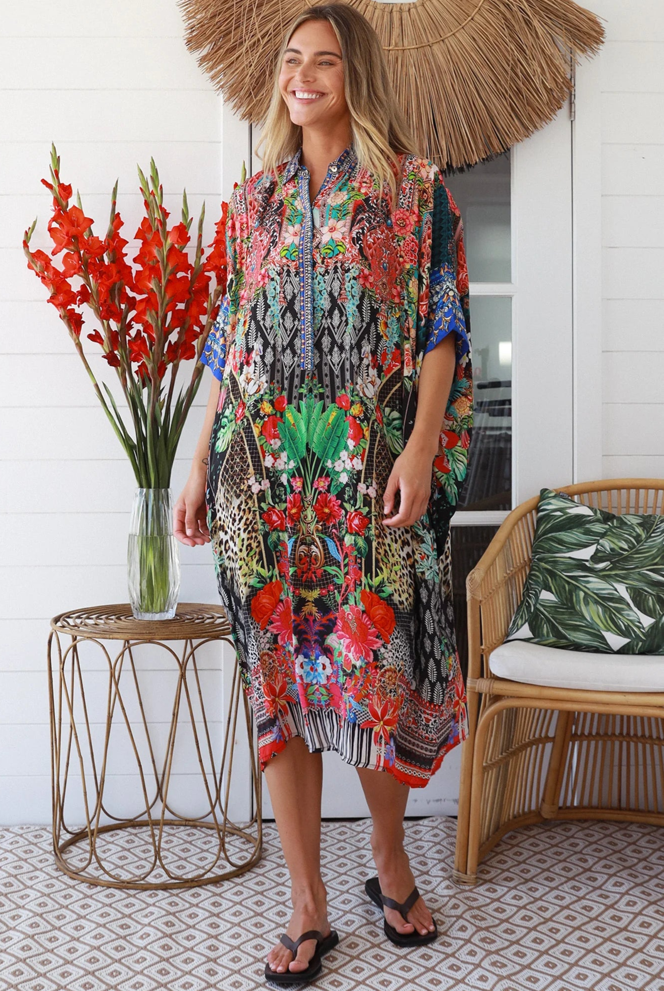 Cuba Bloom kaftan midi dress in coral and green print - viscose crepe blend on size 8-16 Australia