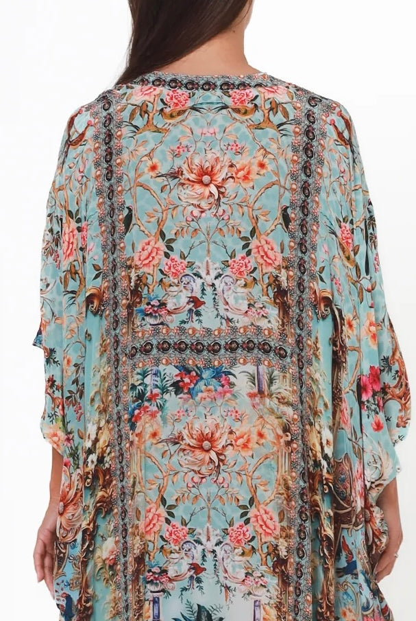 Mirage Kaftan Vintage Mint bohemian viscose crepe kaftan with botanical print, birds, rhinestones and tassel ties