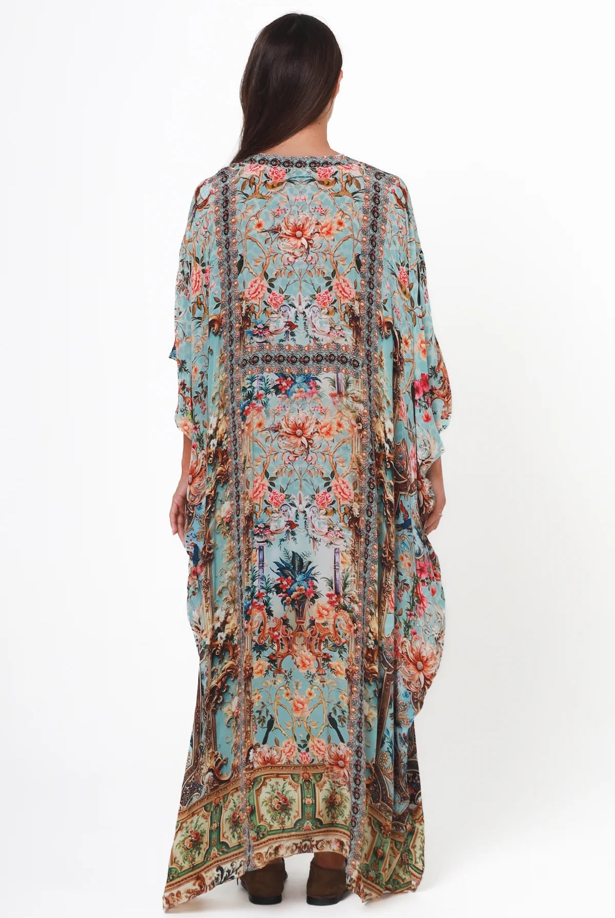 Mirage Kaftan Vintage Mint bohemian viscose crepe kaftan with botanical print, birds, rhinestones and tassel ties