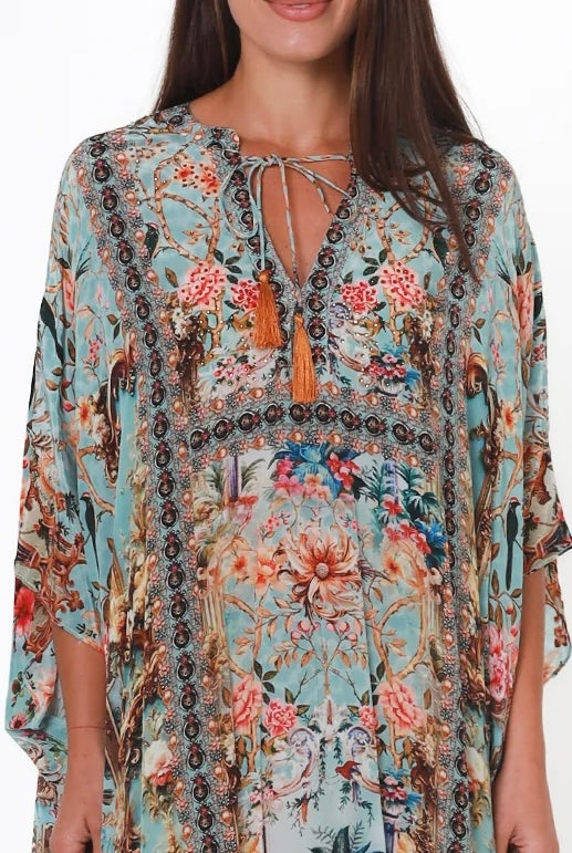 Mirage Kaftan Vintage Mint bohemian viscose crepe kaftan with botanical print, birds, rhinestones and tassel ties