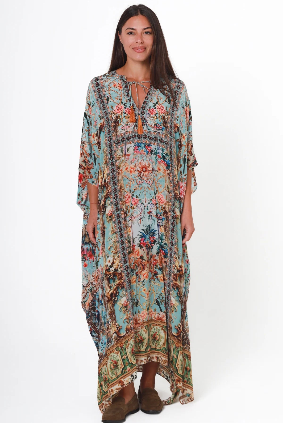 Mirage Kaftan Vintage Mint bohemian viscose crepe kaftan with botanical print, birds, rhinestones and tassel ties