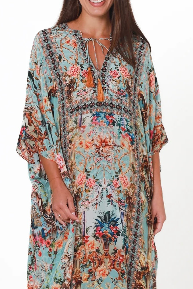 Mirage Kaftan Vintage Mint bohemian viscose crepe kaftan with botanical print, birds, rhinestones and tassel ties