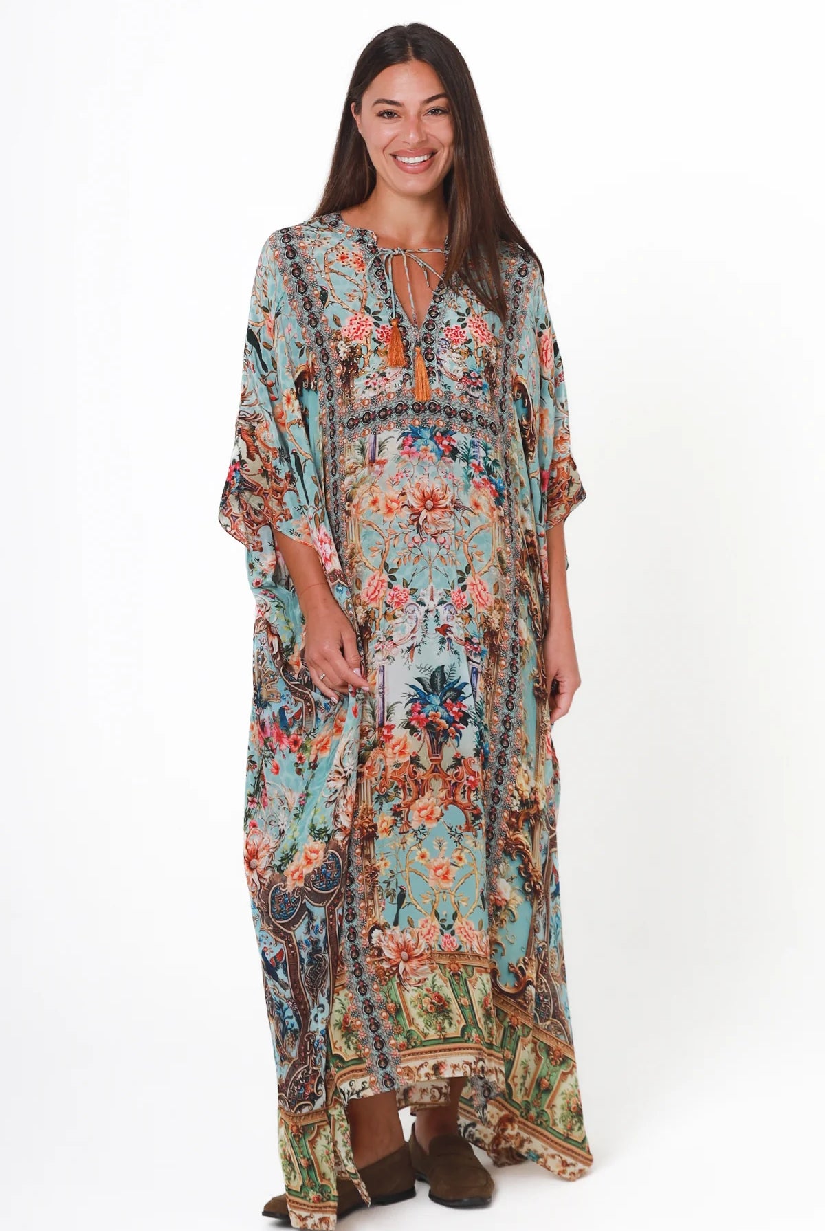 Mirage Kaftan Vintage Mint bohemian viscose crepe kaftan with botanical print, birds, rhinestones and tassel ties