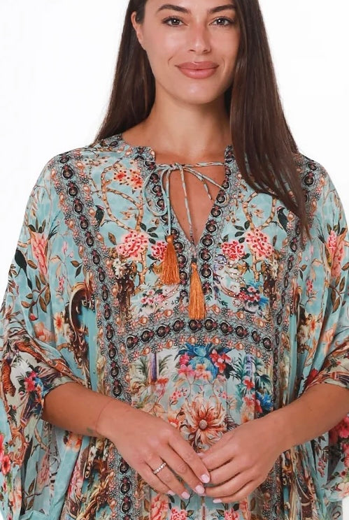 Mirage Kaftan Vintage Mint bohemian viscose crepe kaftan with botanical print, birds, rhinestones and tassel ties