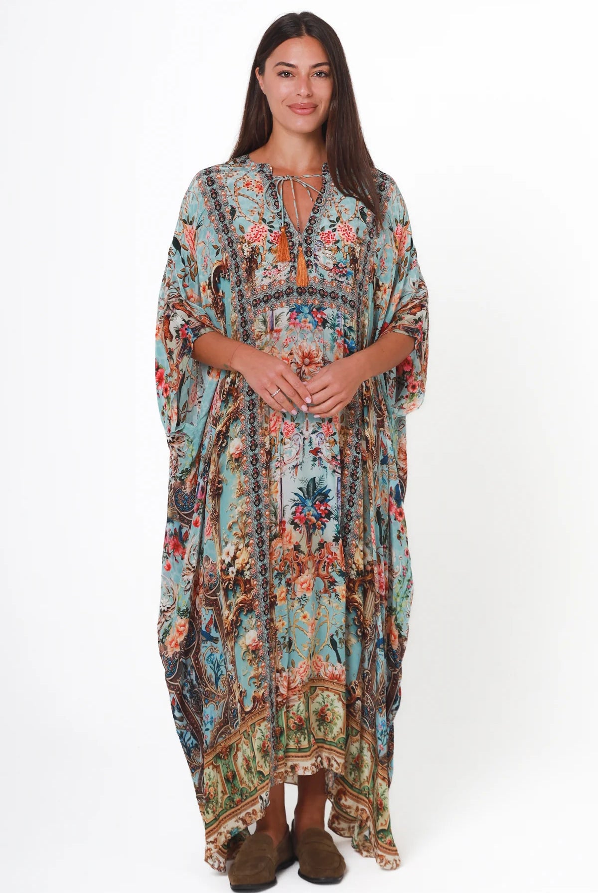 Mirage Kaftan Vintage Mint bohemian viscose crepe kaftan with botanical print, birds, rhinestones and tassel ties