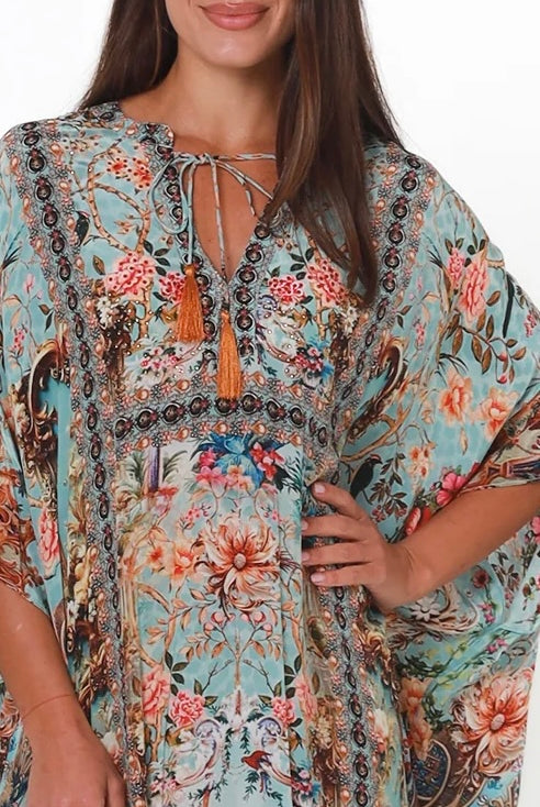 Mirage Kaftan Vintage Mint bohemian viscose crepe kaftan with botanical print, birds, rhinestones and tassel ties