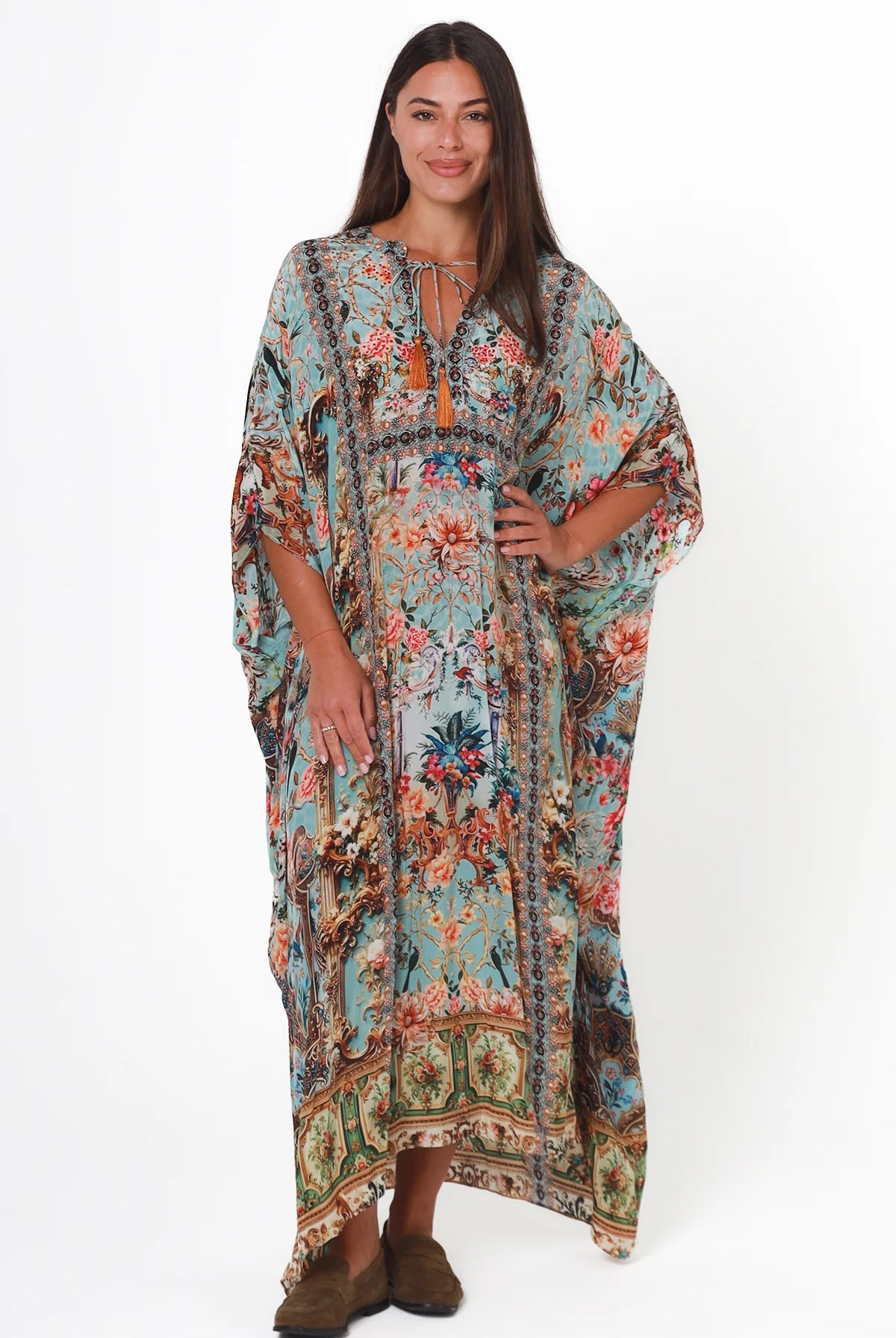 Mirage Kaftan Vintage Mint bohemian viscose crepe kaftan with botanical print, birds, rhinestones and tassel ties