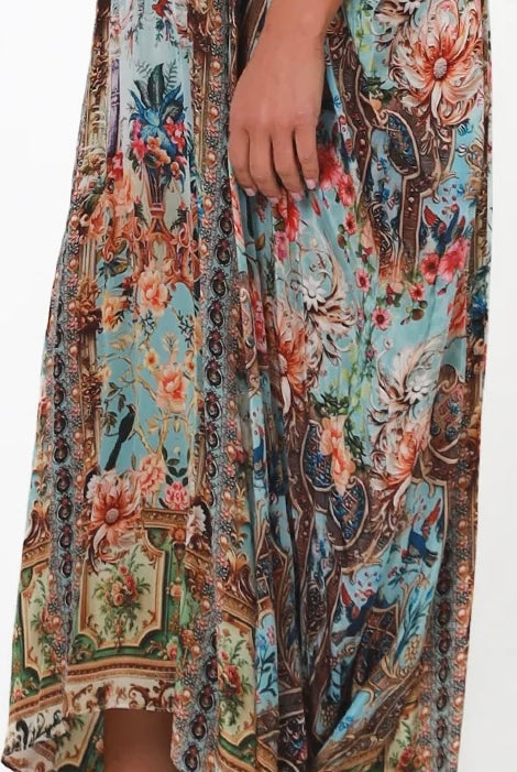 Mirage Kaftan Vintage Mint bohemian viscose crepe kaftan with botanical print, birds, rhinestones and tassel ties