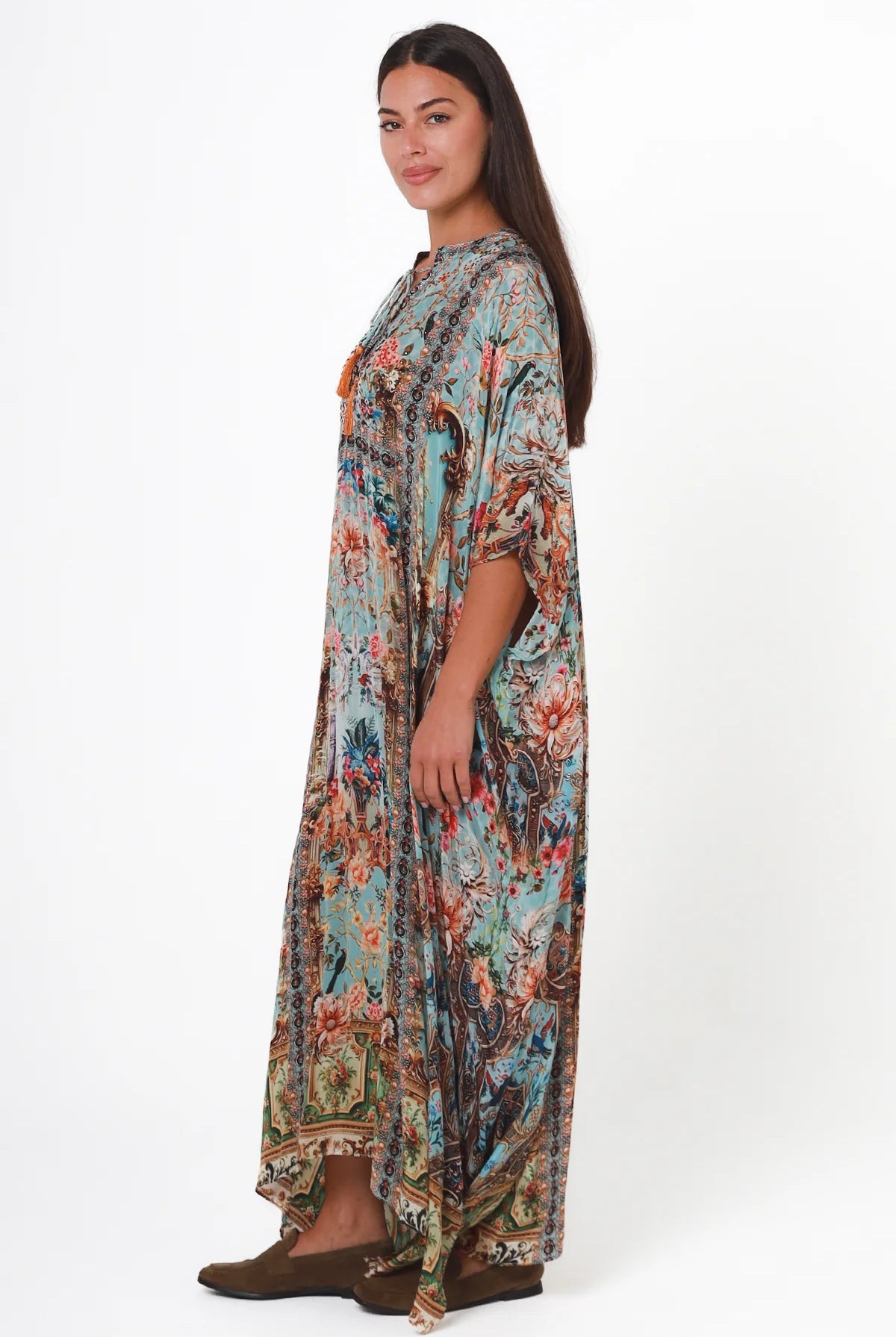 Mirage Kaftan Vintage Mint bohemian viscose crepe kaftan with botanical print, birds, rhinestones and tassel ties